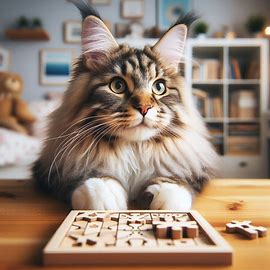 Maine Coon cat playing with a puzzle toy or observing something with curiosity. Image 4 of 4