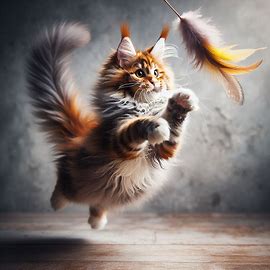 Maine Coon cat chasing a feather toy or jumping playfully. Image 1 of 4