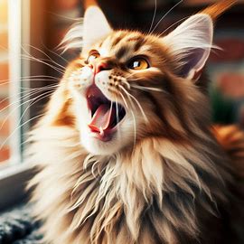 Maine Coon cat meowing or chirping, showing vocal communication. Image 3 of 4