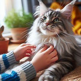 Maine Coon cat being petted by a child or playing with another pet. Image 4 of 4